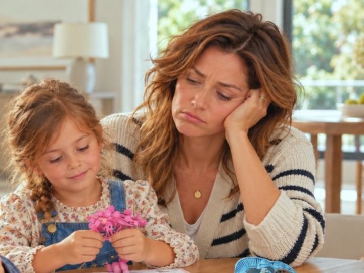 Un parent, la tête dans la main, reste à côté de l'enfant pour l'aider à chaque étape.